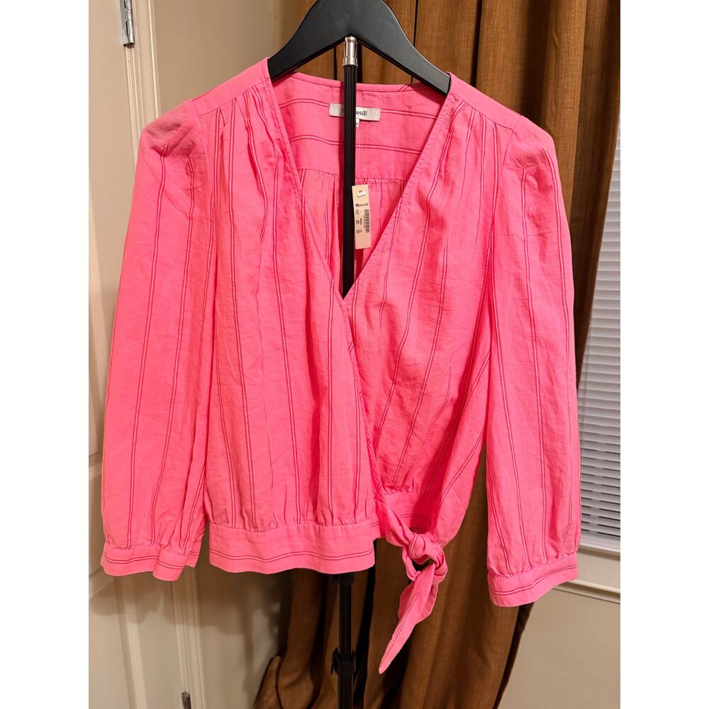 Madewell NWT Puff 3/4 Sleeve V Neck Wrap Blouse 100% Cotton L